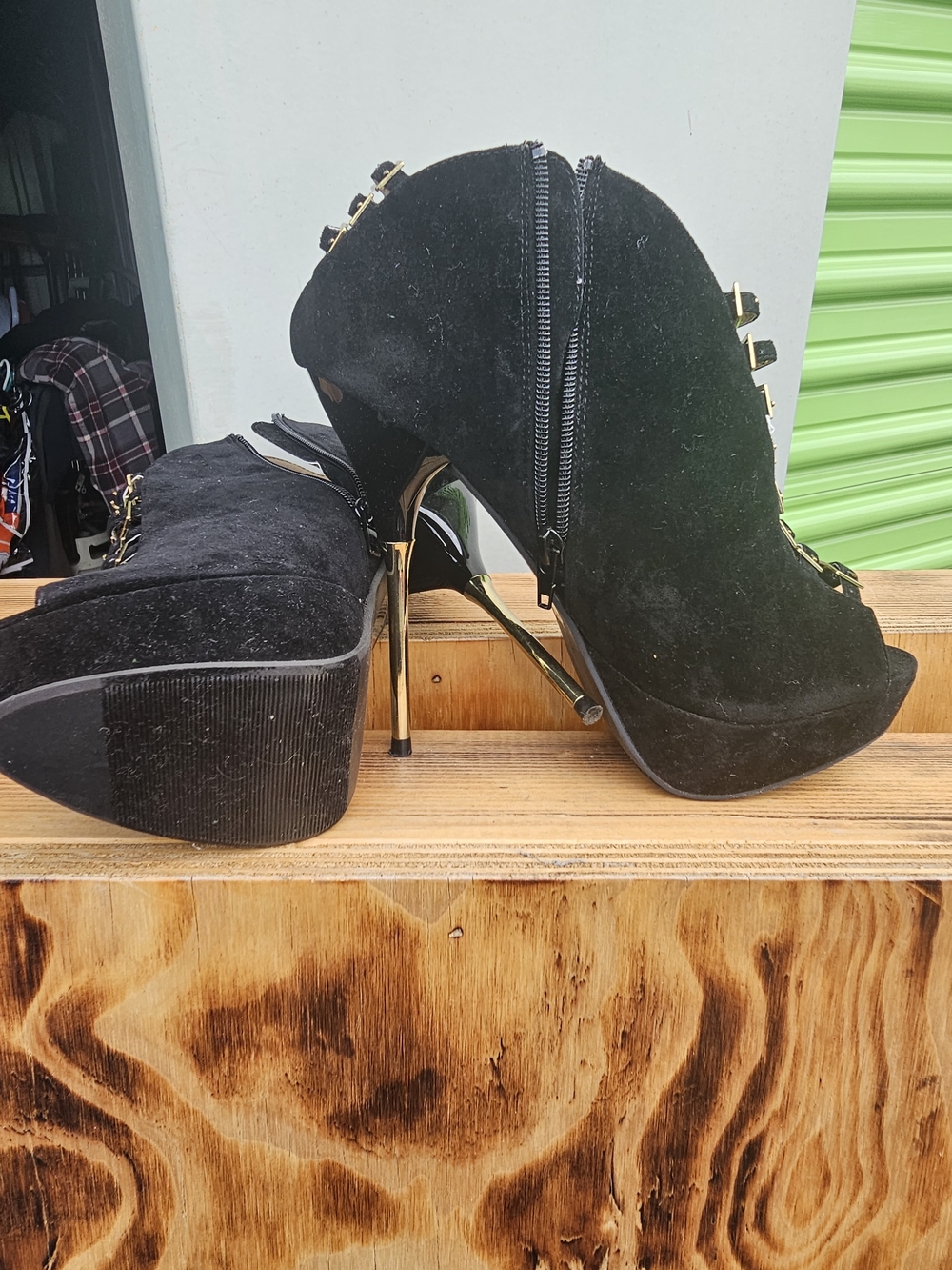 Shoe Dazzle Black Suede Platform Ankle Booties with Gold Stiletto Heel